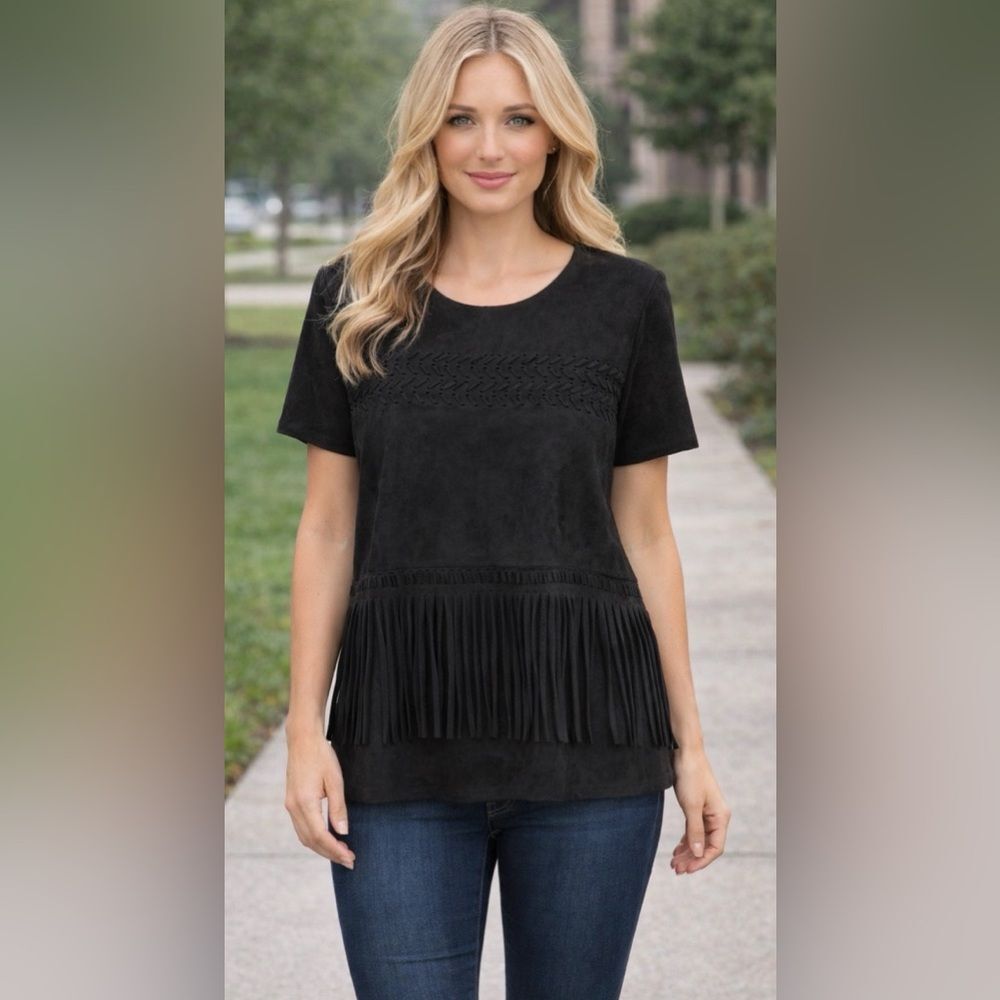 Black Fringed Faux Suede Top